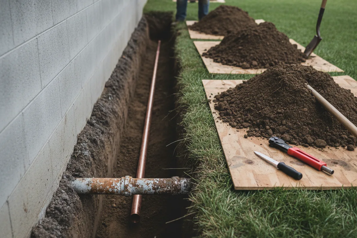 Excavated water line trench during Water Heater Repair in Mayesville